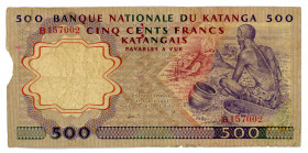 Katanga 500 Francs 1962
P# 13a; #B157002; VG