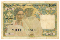 Madagascar 1000 Francs 1953
P# 48b; #Q.581 383; BANQUE DE MADAGASCAR ET DES COMORES; VG