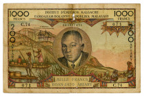 Madagascar 1000 Francs 200 Ariary 1963 (ND)
P# 56; #C.74 001827071; Malagasy; VG