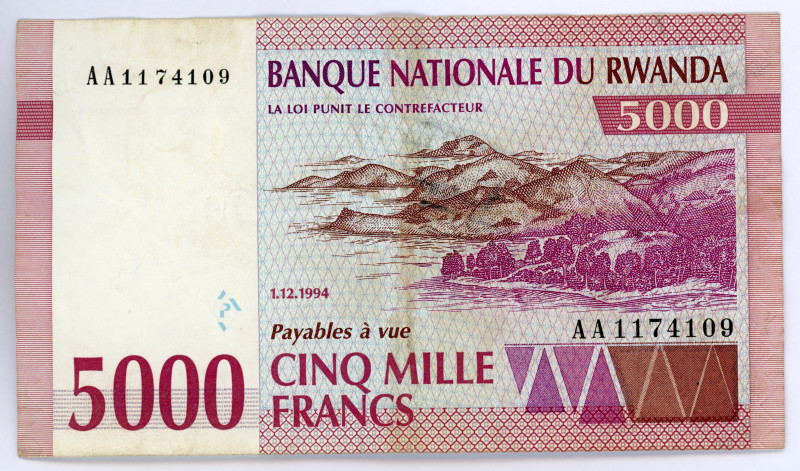 Rwanda 5000 Francs 1994
P# 25a; #AA1174109; VF