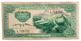 Rwanda - Burundi 20 Francs 1960
P# 3a; #L716733; XF
