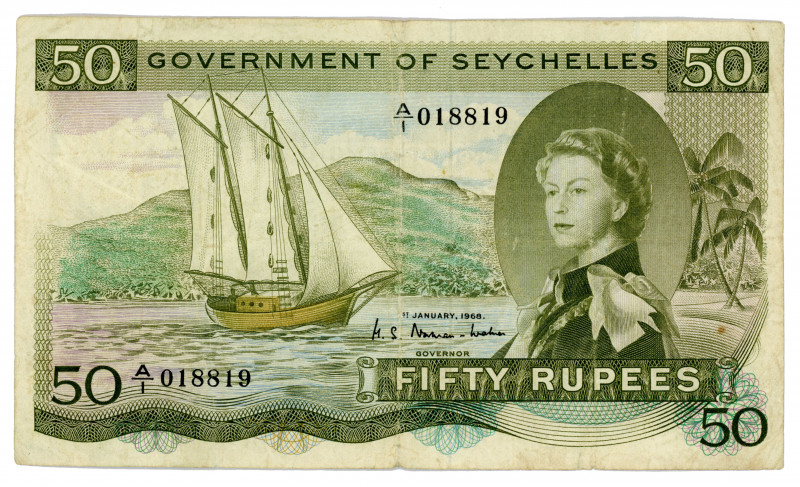 Seychelles 50 Rupees 1968
P# 17a; #A/1 018819; Word SEX discernible in trees at...