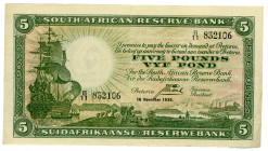 South Africa 5 Pounds 1936
P# 86; #B/11 832106; Signature J. Postmus; VF