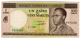 Zaire 1 Zaire 100 Makuta 1967
P# 12a; #P671638; UNC