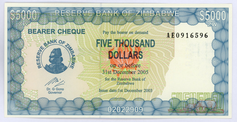 Zimbabwe 5000 Dollars 2003 - 2005
P# 21; #AE0916596; BEARER CHEQUE; UNC