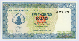 Zimbabwe 5000 Dollars 2003 - 2005
P# 21; #AE0916596; BEARER CHEQUE; UNC