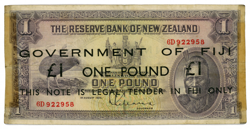 Fiji 1 Pound 1942 (ND) Emergency Overprint
P# 45b; #6D 922958; RBNZ watermark; ...