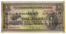 Fiji 1 Pound 1942 (ND) Emergency Overprint
P# 45b; #6D 922958; RBNZ watermark; VF
