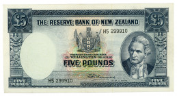 New Zealand 5 Pounds 1960 - 1967
P# 160c; #H5 299910; Signature R. N. Fleming; ONE TEAR AT THE BOTTOM; XF