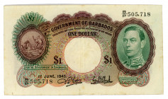 Barbados 1 Dollar 1943
P# 2b; #B/P 505,718; XF
