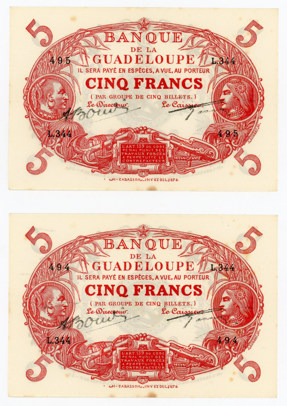 Guadeloupe 2 x 5 Francs 1945 (ND) With Consecutive Numbers
P# 7e; # 494 - 495; ...