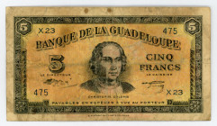 Guadeloupe 5 Francs 1942
P# 21; #X23 475; Columbus at center; VG