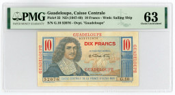Guadeloupe 10 Francs 1947 - 1949 PMG 63
P# 32; #G.10 023152076; UNC