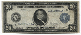 United States 20 Dollars 1914 Federal Reserve Note
P# 361b; # 7-G G25993841A; Burke/Houston; Chicago; F-VF