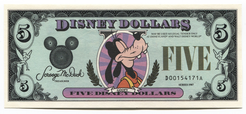 United States Disney 5 Dollars 1987 1st Issue Rare
# D00154171A; Goofy; Treasur...
