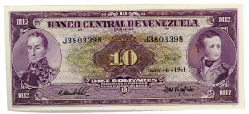 Venezuela 10 Bolivares 1961
P# 42a; #J3803398; UNC