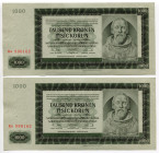 Bohemia & Moravia 2 х 1000 Korun 1942 With Consecutive Numbers
P# 14a; # KA990162 - KA990163; AUNC-UNC