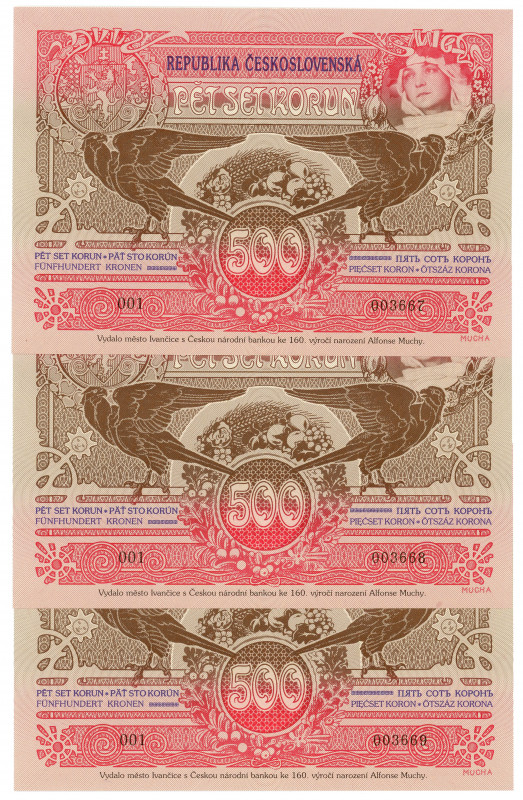 Czechoslovakia Ivancice 3 x 500 Korun 1919 With Consecutive Numbers
160 years A...