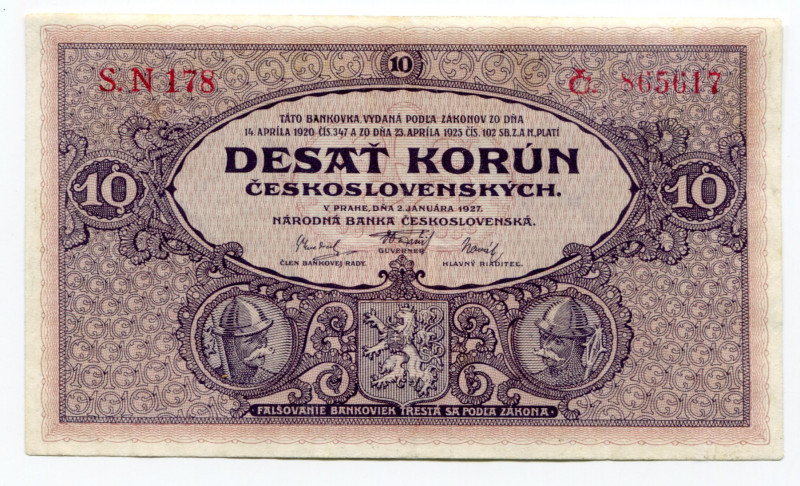 Czechoslovakia 10 Korun 1927
P# 20a; # 865617; XF