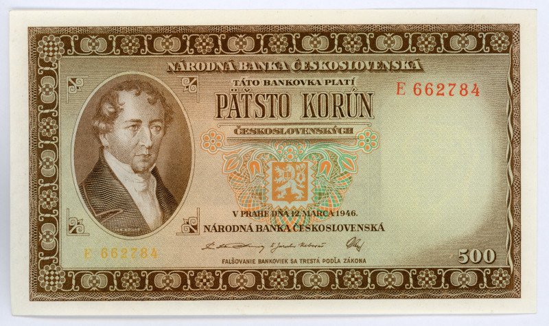 Czechoslovakia 500 Korun 1946
P# 73a; #E662784; WITHOUT PERFORATION; UNC