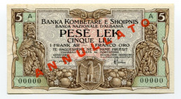 Albania 5 Lek / 1 Frank AR 1925 Specimen
P# 1s; # 00000; 2 Pinholes: VF