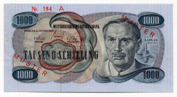 Austria 1000 Schilling 1961 Specimen
P# 141; # A000000D; UNC