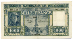 Belgium 1000 Francs 1945
P# 128b; #1243.L.874 31060874; VF