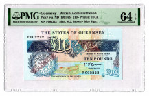 Guernsey 10 Pounds 1991 - 1995 (ND) PMG 64 EPQ
P# 54a; Nice number; UNC