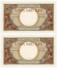 Romania 2 x 1000 Lei 1938 With Consecutive Numbers
P# 46a; # 0597 - 0598; XF-AUNC, Crispy