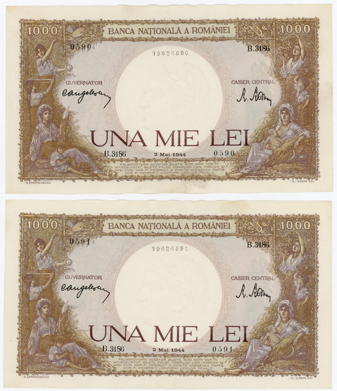 Romania 2 x 1000 Lei 1944 With Consecutive Numbers
P# 52; # 0590 - 0591; UNC