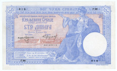 Serbia 100 Dinara 1905
P# 12; # 02128818; AUNC-