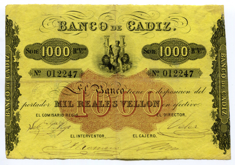 Spain 1000 Reales 1863 Banco de Cadiz
P# S294; # 012247; VF