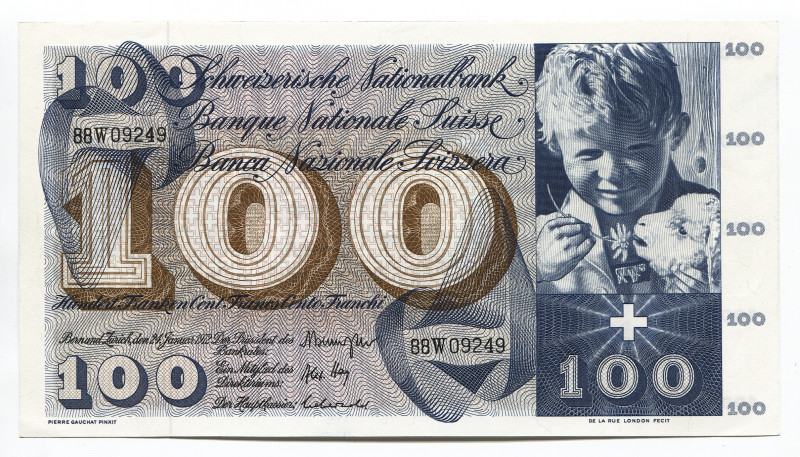 Switzerland 100 Francs 1972
P# 49n; № 88W09249; AUNC