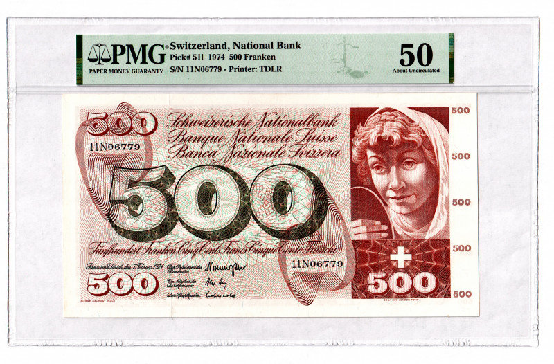 Switzerland 500 Franken 1974 PMG 50
P# 51l; AUNC