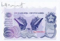 Yugoslavia 500000 Dinara 1989 Proof
P# 98s; # AA0000000; With Guverner signature; UNC