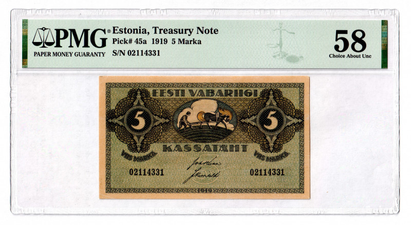 Estonia 5 Marka 1919 PMG 58
P# 45a; AUNC