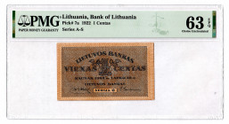 Lithuania 1 Centas 1922 PMG 63 EPQ
P# 7a; UNC