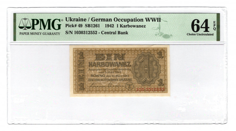 Ukraine Germany Occupation 1 Karbowanez 1942 PMG 64 EPQ
P# 49; UNC