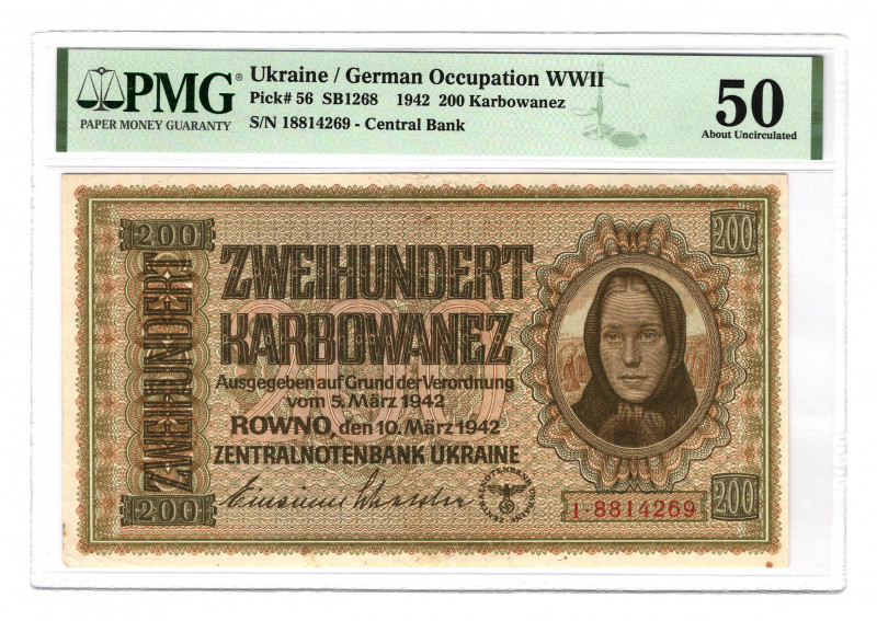 Ukraine Germany Occupation 200 Karbowanez 1942 PMG 50
P# 56; AUNC