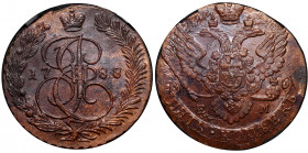 Russia 5 Kopeks 1788 RNGA MS 63 BN RRRare
Eagle 1789-1796/ Small Crown; Bit# 641R2; Сopper 51.20g 41.6мм; 10 R by Ilyin; Very Rare Coin / in this Gra...