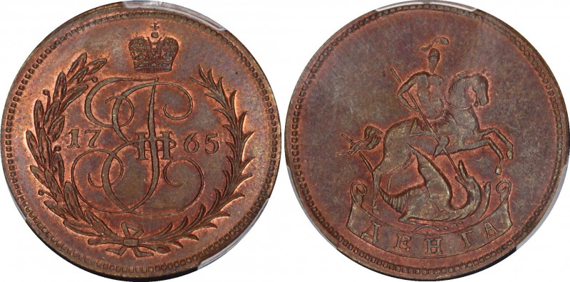 Russia Denga 1765 Novodel RR PCGS SP64RB
Bit# 740 R2; Novodel; Copper.