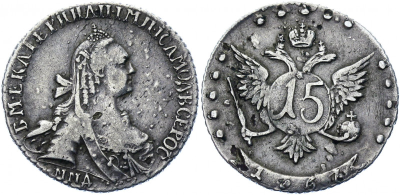Russia 15 Kopeks 1767 ММД
Bit# 162; 1 R by Petrov; Conros# 147/10; Silver 3.19 ...