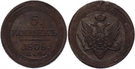Russia 5 Kopeks 1808 ЕМ
Bit# 297; 0,75 R by Petrov; 1 R by Ilyin; Conros# 182/16; Copper 50.26 g.; Small crown - Малая корона; XF-AUNC