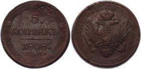 Russia 5 Kopeks 1808 ЕМ R1
Bit# 296 R1; 0,75 R by Petrov; 5 R by Ilyin; Conros# 182/13; Copper 52.69 g.; Large crown - Большая корона; XF-AUNC...