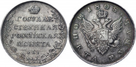 Russia 1 Rouble 1808 СПБ МК
Bit# 72; Conros# 76/6; 2,5 R by Peyrov; Silver 20.76g.; XF-AUNC