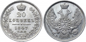 Russia 20 Kopeks 1847 СПБ ПА
Bit# 332; Silver 4.16g.; Mint luster; UNC