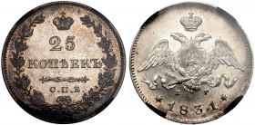 Russia 25 Kopeks 1831 СПБ НГ RNGA MS 62
Bit# 131; Silver; Mintage 484.000; Mint Luster; High Grade