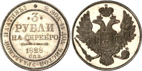Russia 3 Roubles 1828 СПБ Proof R1 PCGS PR 63
Bit# 73 R1; 10 R by Ilyin. 1st Platinum coin in the world. Rare in this condition.