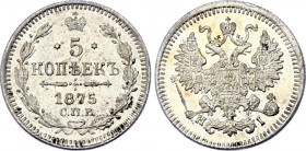 Russia 5 Kopeks 1875 СПБ HI
Bit# 276; Silver, UNC, overstruck.