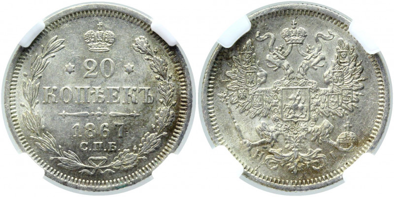 Russia 20 Kopeks 1867 СПБ HI R NNR MS62
Bit# 108 R; 2,5 R by Petrov; Conros# 11...